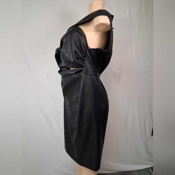 FTF Strapless Black Faux Leather Knot-Front Evening Dress Midi - Picture 9 of 16